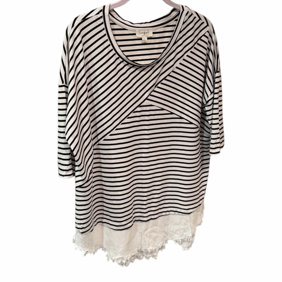 Umgee Tops - Umgee Striped Long Sleeve Top with Lace Hem